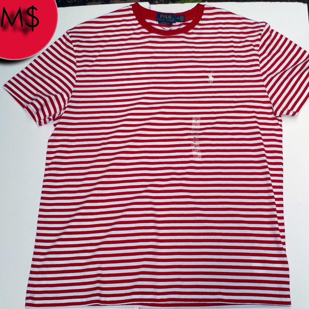 Ralph Lauren Polo Stripped Tee RedWhite NWT L/M - Picture 1 of 8